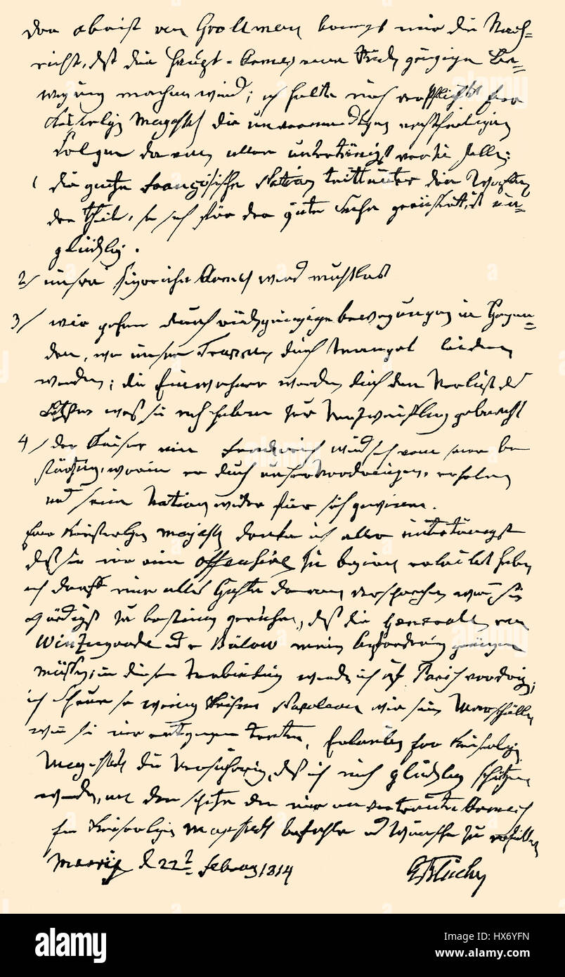 Lettre écrite à la main par Gebhard Leberecht von Bluecher à Alexandre Ier, empereur de Russie, 1814 Banque D'Images