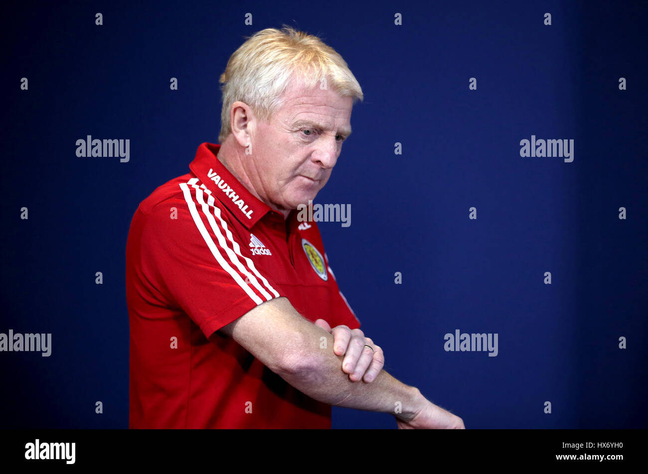 L'Écosse manager Gordon Strachan au cours de la conférence de presse à Hampden Park, Glasgow. Banque D'Images