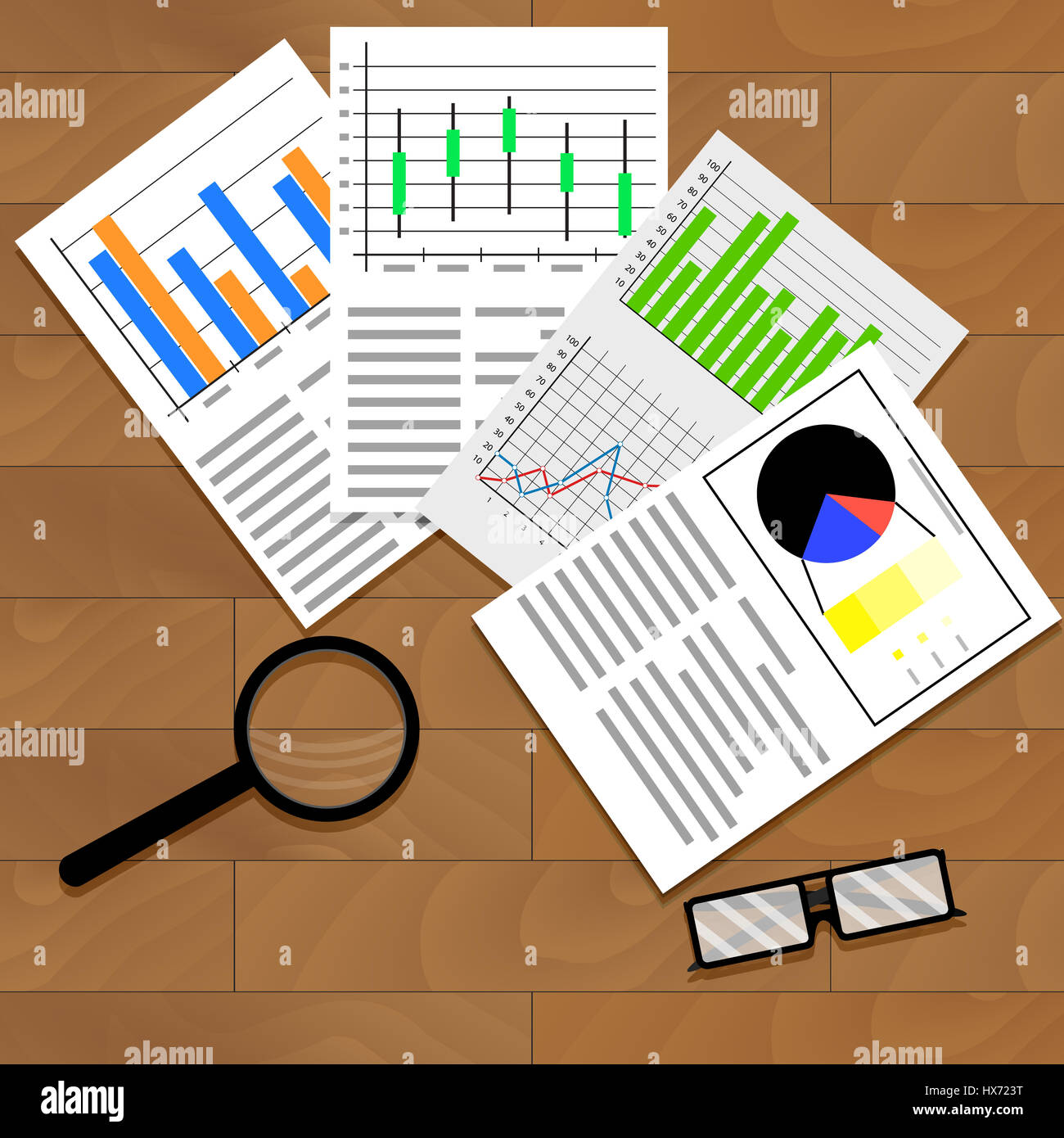 Graphiques et tableaux de données économiques. Statistiques sur table en bois. Vector illustration Banque D'Images