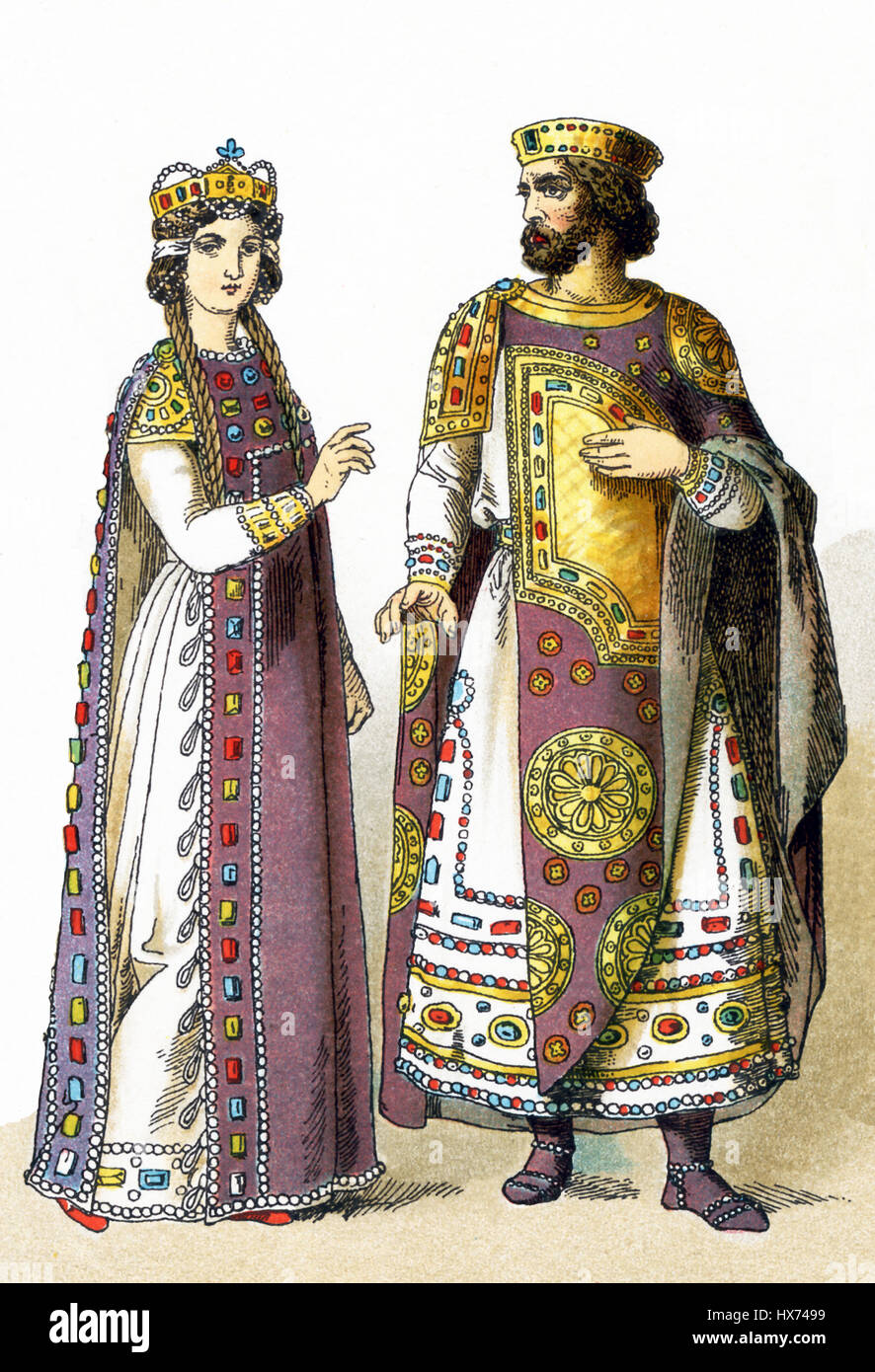 L'illustration met en évidence ici royals byzantin entre 800 et l'AN 1000 De gauche à droite, ils sont une impératrice byzantine et d'un empereur byzantin. L'illustration dates à 1882. Banque D'Images