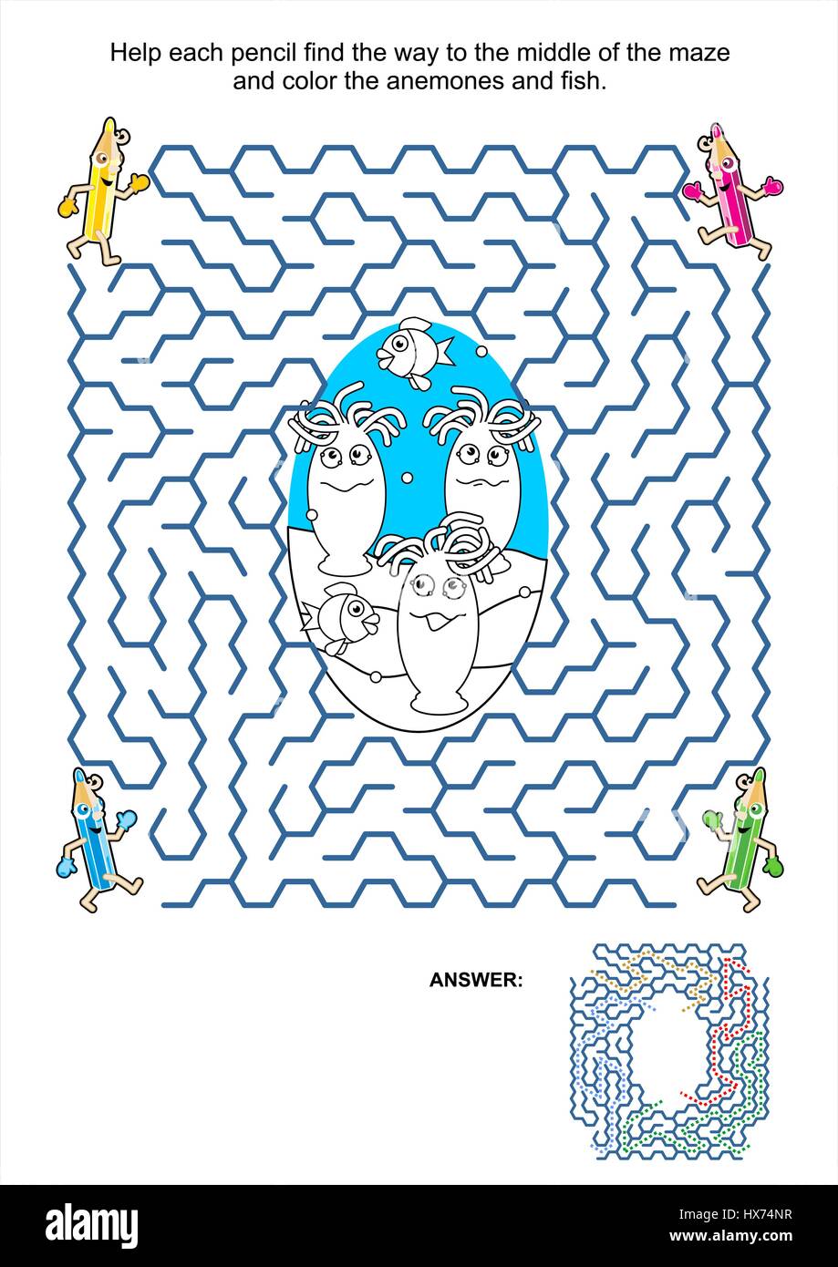 Jeu de labyrinthe et l'activité de coloriage pour enfants page : aide chaque crayon trouver le moyen de le milieu du labyrinthe et la couleur de l'anémone et le poisson. Illustration de Vecteur