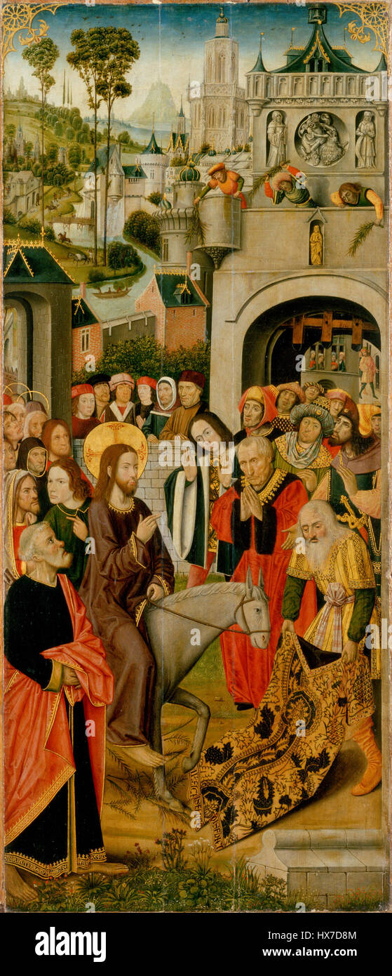 L' *entrée à Jérusalem* par le Maître du retable de Thuison est une représentation vivante de la scène biblique où Jésus entre dans la ville. Le travail de l’artiste met en valeur un riche détail et un symbolisme religieux typique du gothique compris Banque D'Images