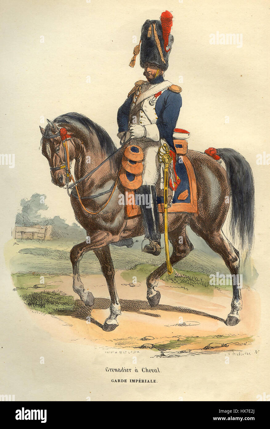 Le 'Napoleon Guard Horse Grenadier' de Bellange représente un officier de cavalerie français dans l'uniforme des Grenadiers de la Garde impériale. La peinture capture l'importance historique de l'élite militaire de Napoléon. Banque D'Images
