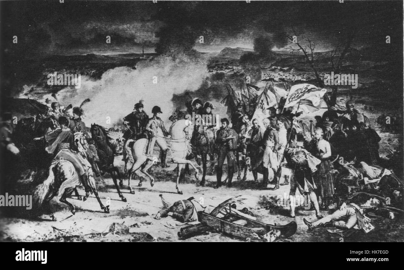 Napoléon BEI Austerlitz est une œuvre d'art représentant Napoléon Bonaparte pendant la bataille d'Austerlitz, l'une de ses plus importantes victoires militaires. La bataille a eu lieu en 1805, où Napoléon a vaincu de manière décisive les forces russes et autrichiennes, consolidant ainsi son pouvoir en Europe. Banque D'Images