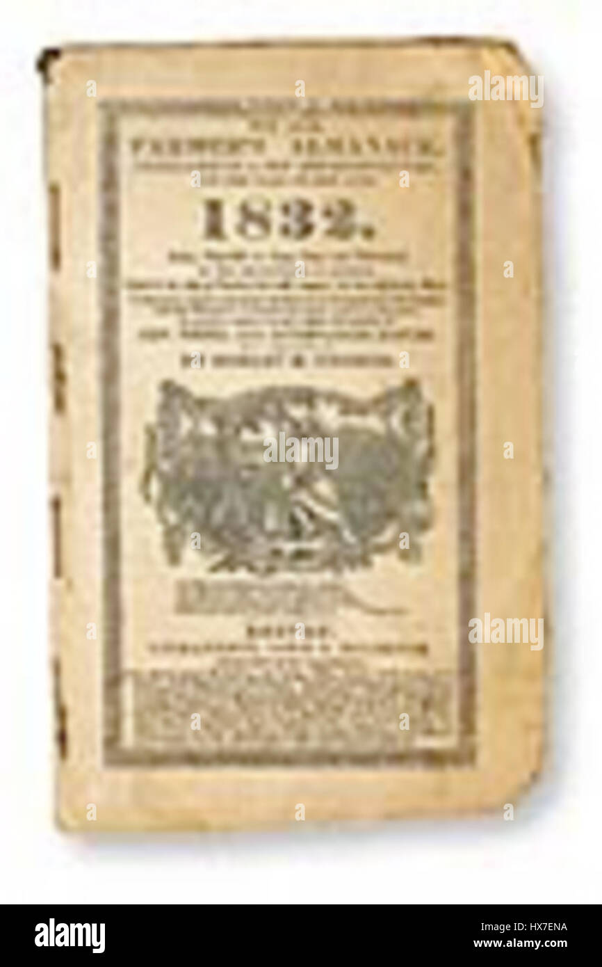 La couverture de 1832 de The Old Farmer’s Almanach présente des images agricoles traditionnelles, reflétant le rôle de la publication dans la fourniture de prévisions météorologiques, de conseils de plantation et de conseils agricoles. Cette couverture historique souligne l'importance de la culture agricole et de la vie rurale dans l'Amérique du début du XIXe siècle. Banque D'Images