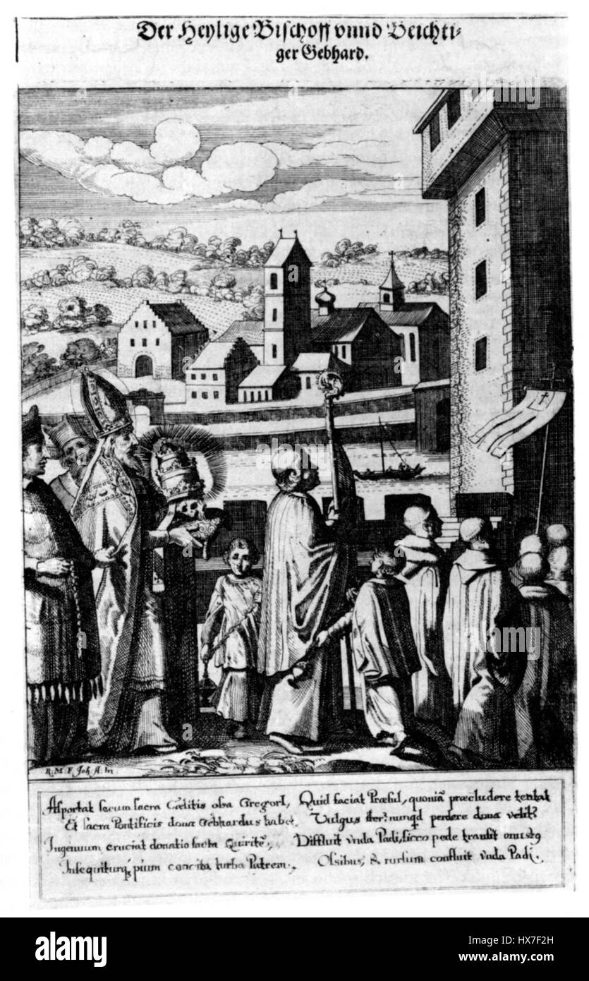 Le 'Petershausen Translatio Gregorii' est une page manuscrite représentant la traduction des reliques de Saint Grégoire. L'illustration représente l'acte religieux de déplacer des restes sacrés, qui fut un événement important dans la pratique chrétienne médiévale et est accompagnée d'éléments décoratifs typiques des anciens Banque D'Images