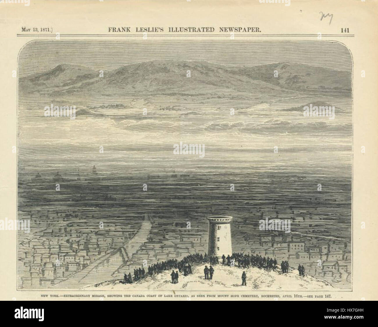 Le Mirage de Rochester est une illusion d'optique célèbre ou mirage qui se produit dans la région autour de Rochester, New York, en particulier par temps froid. Le phénomène fait apparaître des objets éloignés déformés ou déplacés en raison des différences de température dans l'atmosphère. Banque D'Images