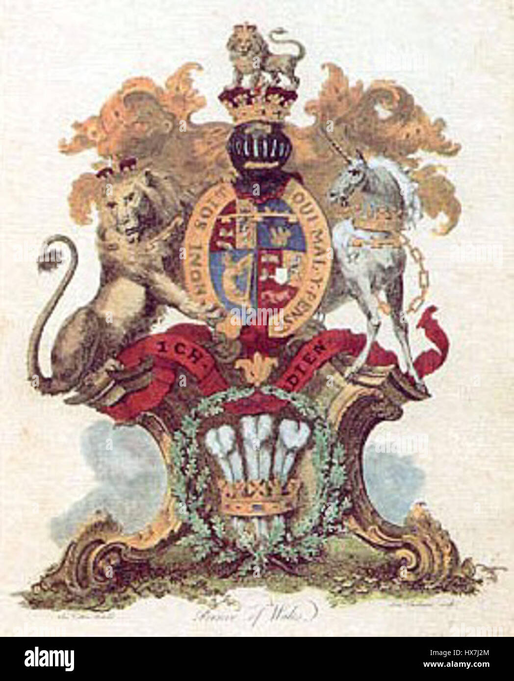 L'écusson du Prince de Galles est un symbole héraldique associé au Prince de Galles, l'héritier apparent du trône britannique. La crête présente un couronnement, un panache de plumes d'autruche et une devise qui signifie l'autorité royale et le prestige. Banque D'Images