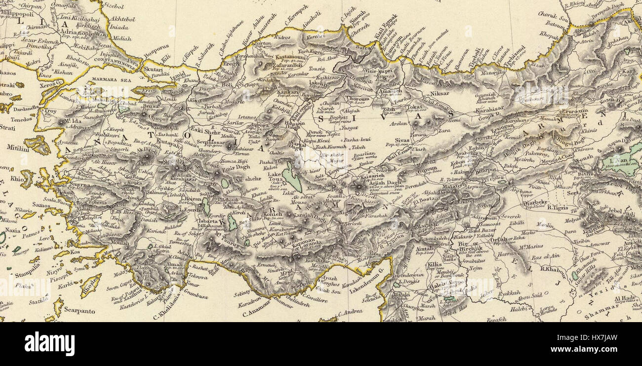 Cette carte, créée en 1843 par la Société pour la diffusion du savoir utile, illustre le tracé géopolitique de l’Empire turc et de la Grèce au XIXe siècle. Il offre un aperçu précieux des frontières territoriales et de l'influence régionale de l'époque, reflétant les perspectives britanniques sur la Méditerranée orientale. Banque D'Images