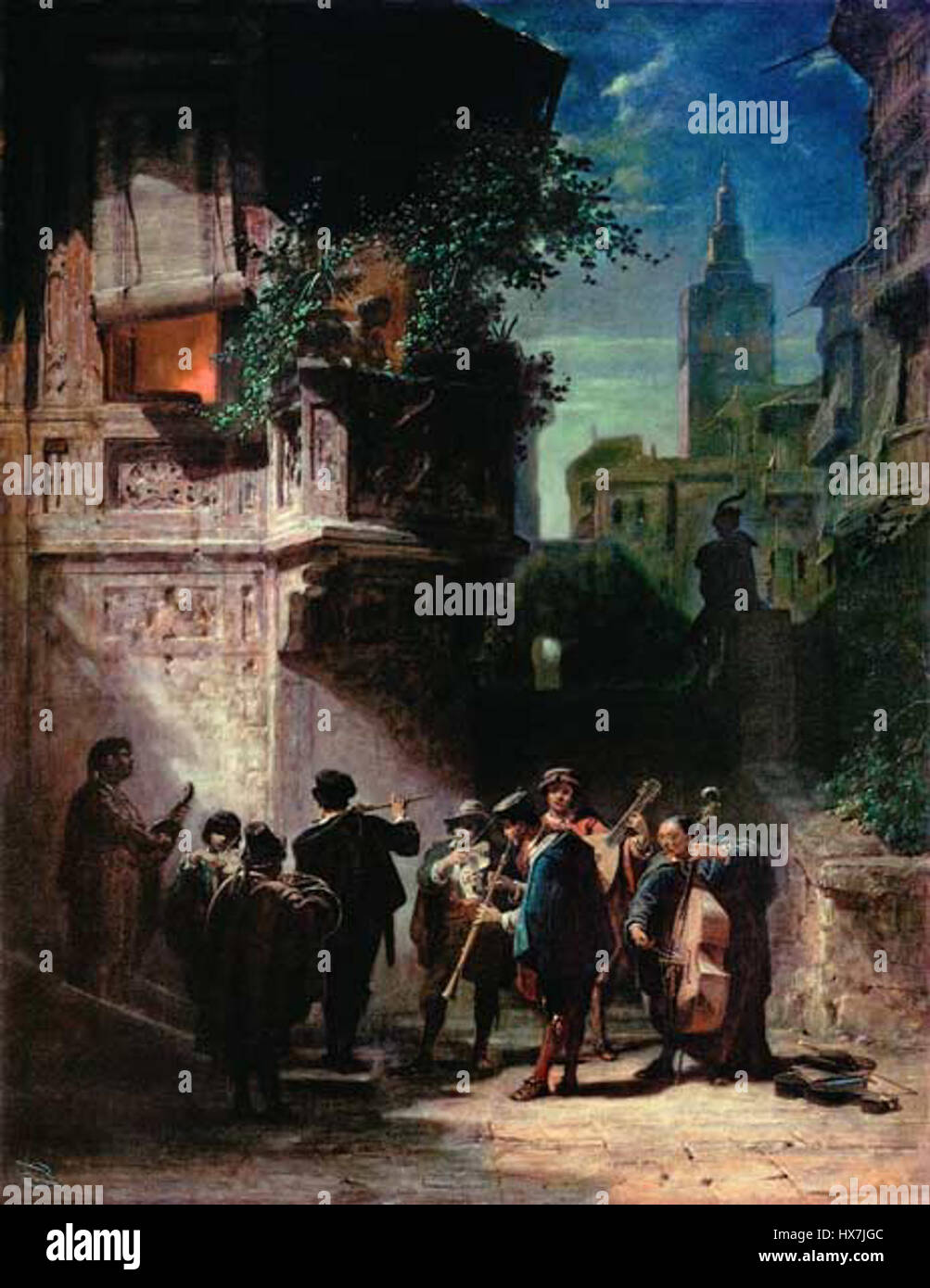 'Spanish Serenade' de Carl Spitzweg est une œuvre d'art présentant probablement une scène inspirée de la culture espagnole, représentant une sérénade ou un moment romantique. Spitzweg, peintre allemand du XIXe siècle, était connu pour ses scènes de genre. Banque D'Images