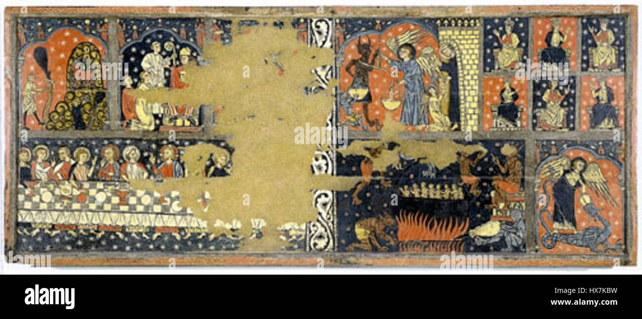 'Taula de Sant Miquel' est un retable médiéval créé par Mestre de Soriguerola. Il représente des scènes de la vie de Saint Michel, soulignant la signification religieuse de l'archange. Le retable est un exemple notable de l'art gothique en Catalogne, avec des détails complexes et un riche symbolisme religieux. Banque D'Images