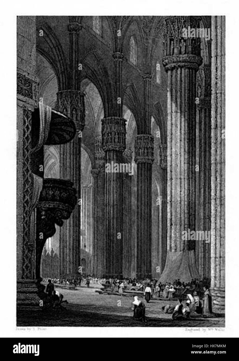La cathédrale de Milan est une gravure sur acier de William Wallis, basée sur l'œuvre originale de C. Stanfield. La pièce, publiée en 1837 par Longman & Co, capture la grandeur architecturale de la cathédrale de Milan, mettant en valeur les détails complexes de sa conception gothique. Banque D'Images