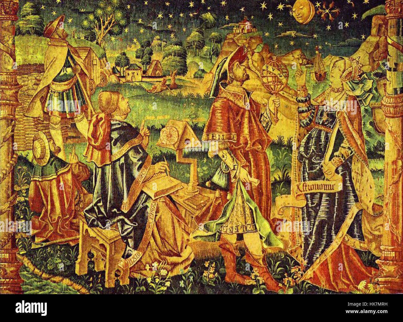 Watchers of the Stars est une représentation de l'observation céleste, représentant probablement des astronomes ou des observateurs regardant le ciel nocturne. L’œuvre évoque des thèmes d’exploration et de poursuite du savoir. Banque D'Images