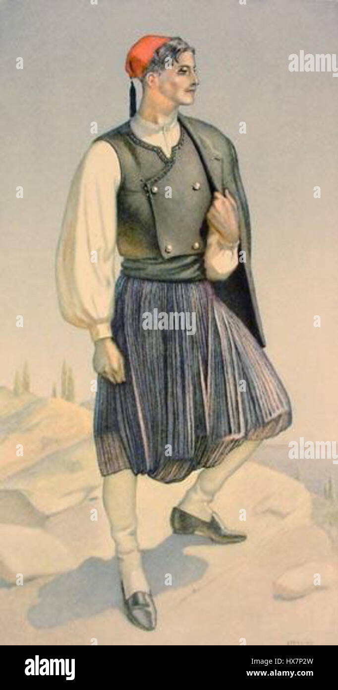 La 'Vraka' est un costume grec traditionnel, en particulier de Corfou. Il comprend des éléments distinctifs comme le pantalon ample et la ceinture élaborée, reflétant le patrimoine culturel et les traditions populaires de la région. Banque D'Images