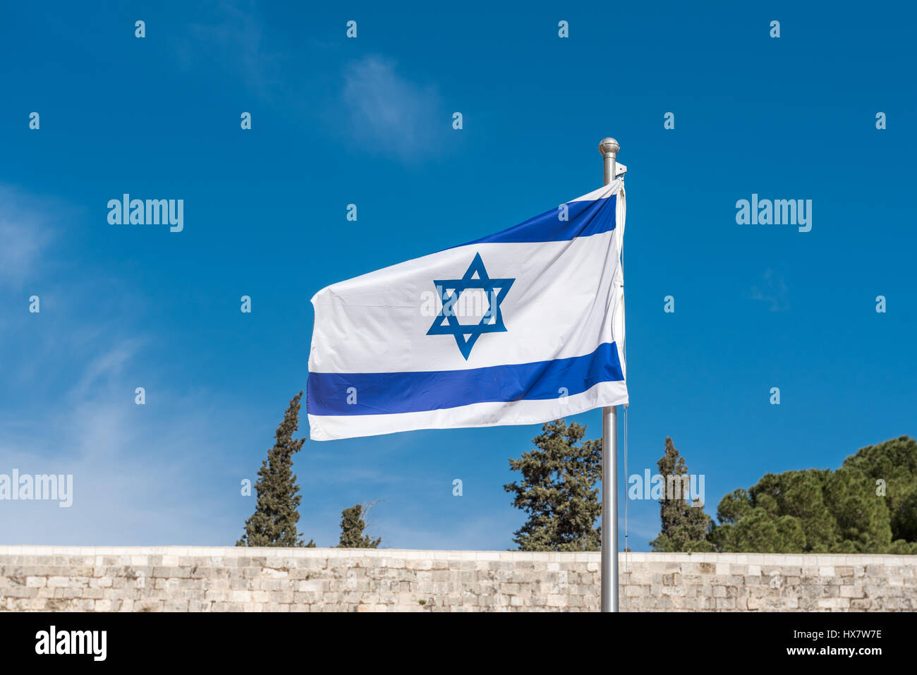 Drapeau israélien au Mur occidental, Mur des lamentations, Jérusalem, Israël Banque D'Images