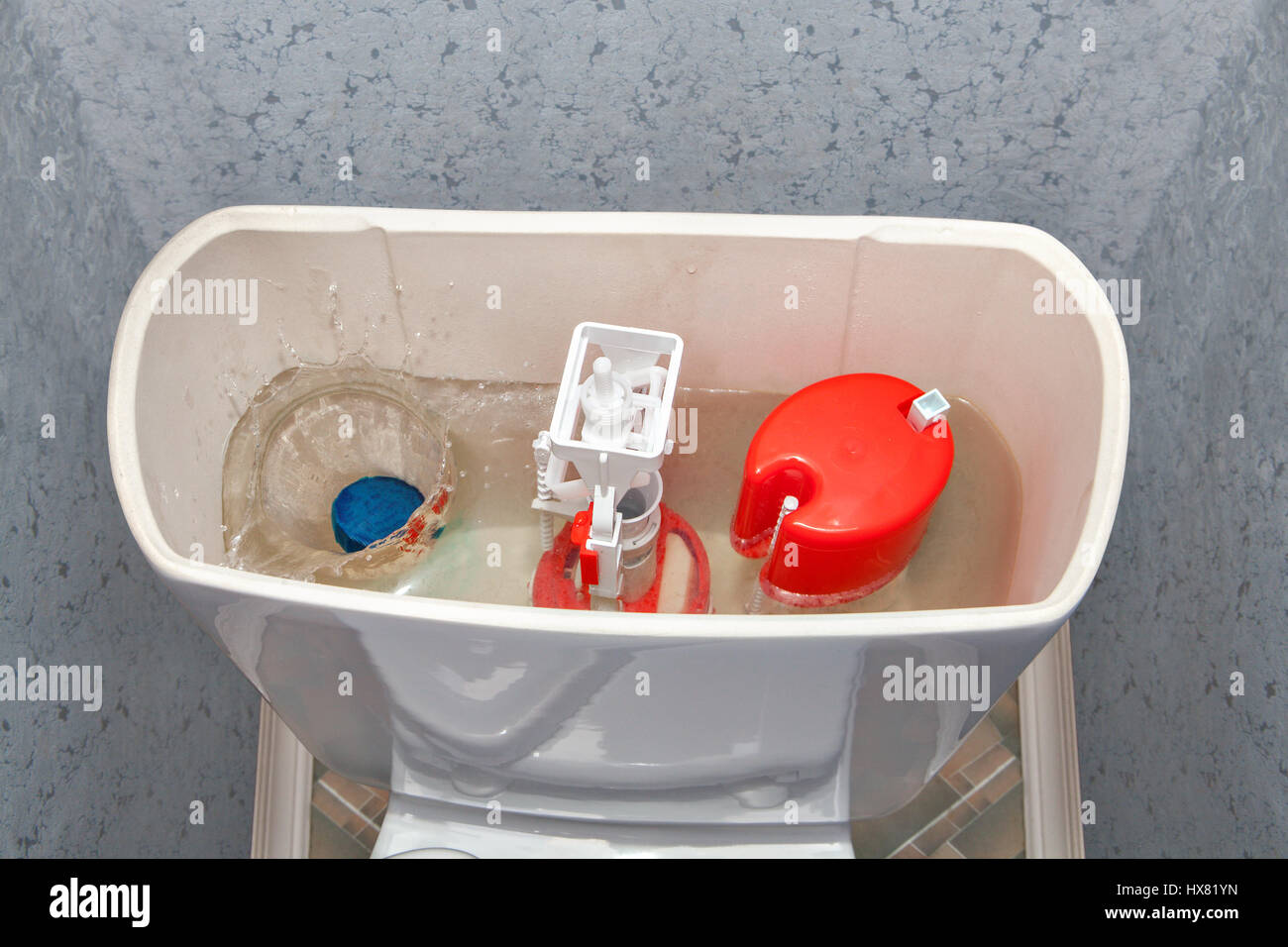 L'eau De Nettoyage Bleu-Comprimé Soluble Tombe Dans L'eau, Vidanger Le  Réservoir De La Toilette Photo Stock - Alamy
