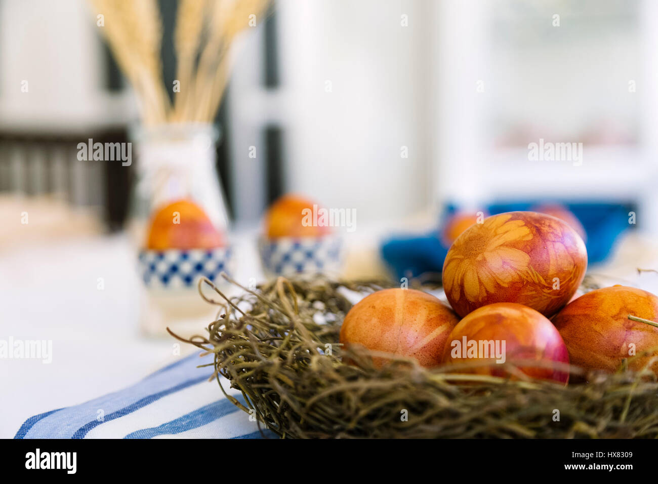 Les oeufs de Pâques teints traditionnellement à l'aide de peaux d'oignon, fleurs et plantes Banque D'Images