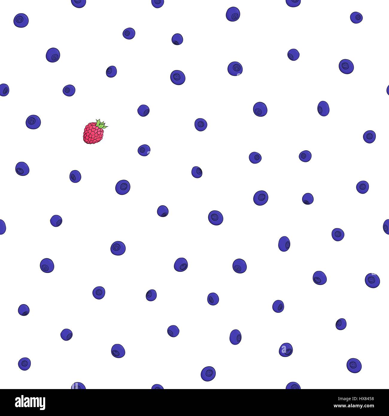 Seamless pattern naturel de bleuets et d'une framboise fruits rouges sur un fond blanc. Éléments de la tendance dessinée à la main un contour foncé et painte Illustration de Vecteur