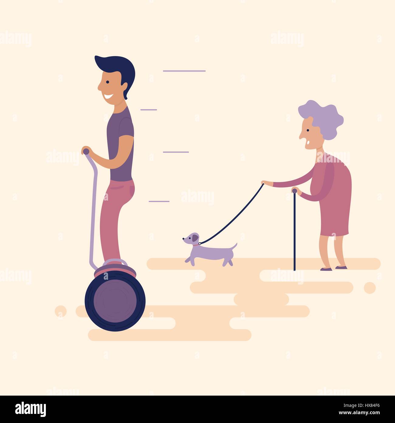 Sur l'homme gyroscooter dépassé par une vieille dame avec un chien. Les nouvelles technologies dans la vie quotidienne. Télévision. Vector illustration Illustration de Vecteur