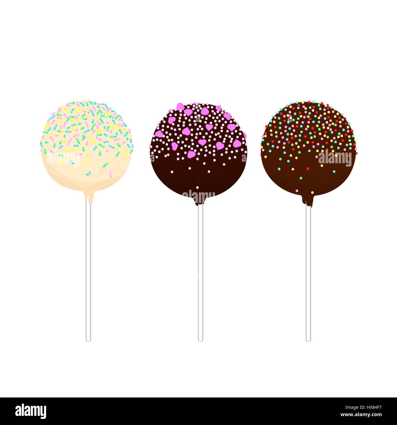 Jeu de Cake Pops isolé sur un bâton en différentes couleurs avec des ornements divers. Cupcakes, forme ronde sur un bâton. Isolées. Hand drawn vector Illustration de Vecteur