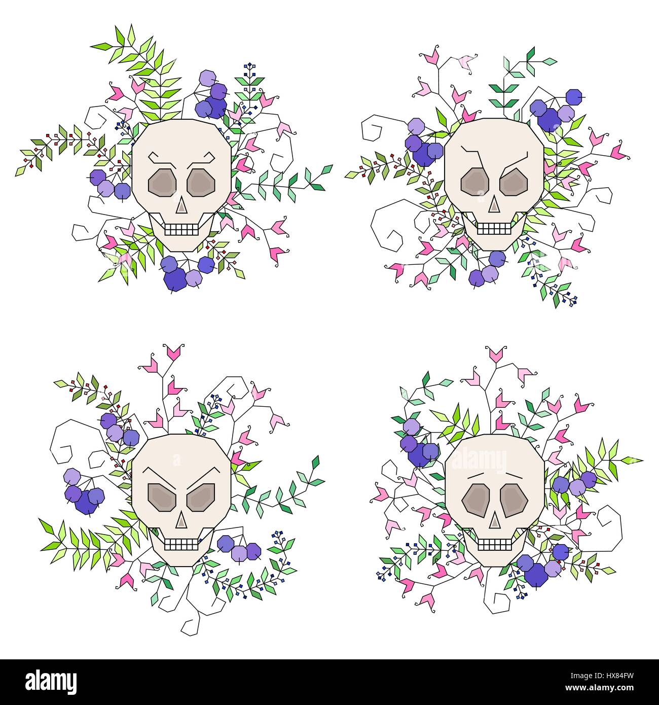 Ensemble de crâne isolé entouré de fleurs et de branches avec des feuilles de style géométrique. Vector illustration Illustration de Vecteur