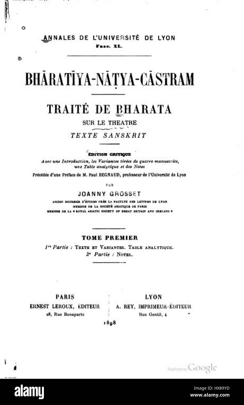 Natya Shastra est un ancien texte indien qui décrit la théorie et la pratique des arts de la scène, y compris la danse, la musique et le théâtre. La publication de 1898 marque probablement une période importante dans l'étude et l'interprétation de cette œuvre classique, contribuant à la compréhension et la préservation des traditions culturelles indiennes dans les arts de la scène Banque D'Images