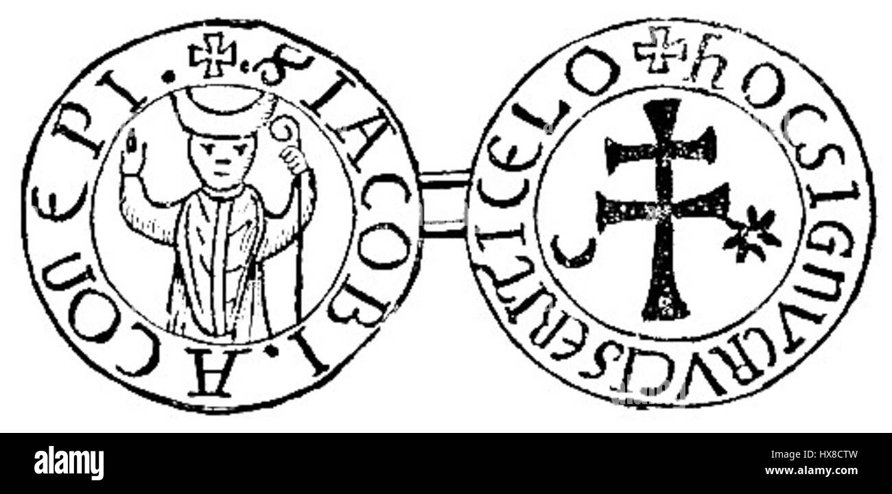 Le sceau de Jacques de Vitry a été utilisé au XIIIe siècle, associé à Jacques de Vitry, un éminent religieux et évêque. Il présente une iconographie distinctive pertinente à son rôle dans l'église, souvent utilisée dans les documents officiels et les questions ecclésiastiques. Banque D'Images