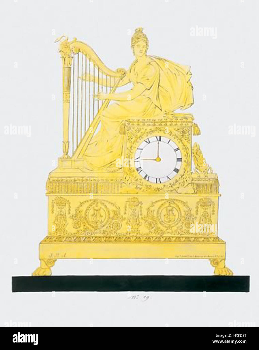 Croquis d'une horloge de style Empire français mettant en vedette la Muse Terpsichore, la muse grecque de la danse. Le design incarne le style néoclassique populaire en France au début du XIXe siècle, mêlant symbolisme mythologique et artisanat luxueux. Banque D'Images