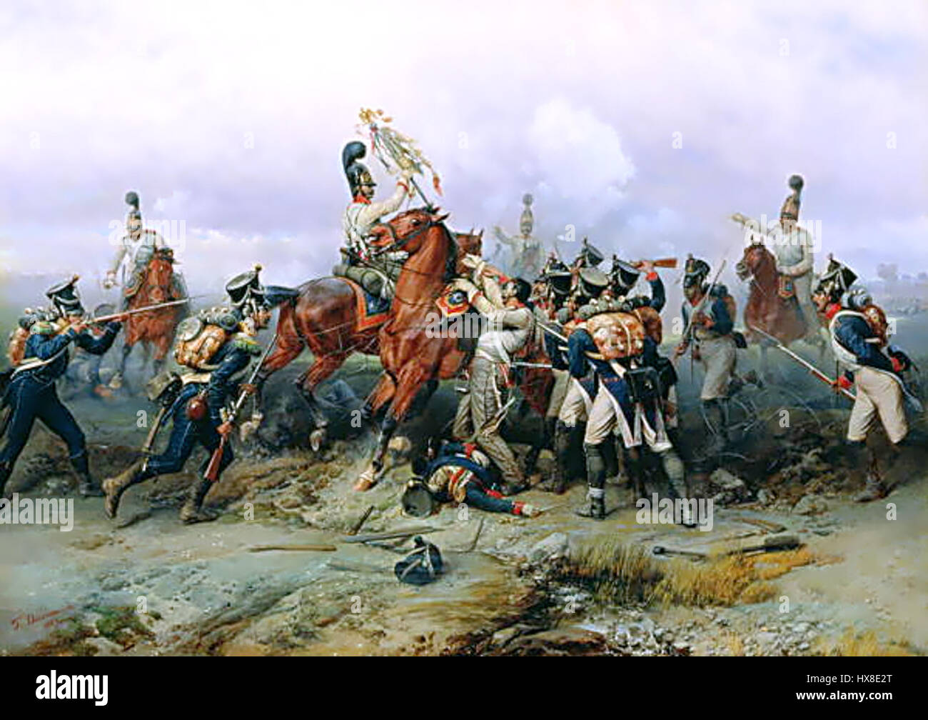 Ce tableau représente un moment important de la bataille d'Austerlitz, l'une des plus célèbres victoires de Napoléon. L'œuvre présente le régiment monté en action, mettant en évidence la stratégie militaire et le combat de cavalerie. Banque D'Images