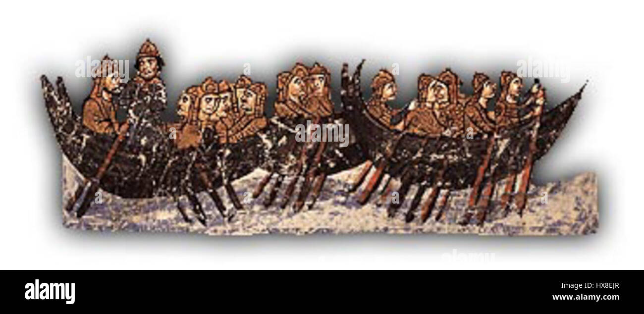 Dans le manuscrit byzantin du XIe siècle, John Skylitzes représente l'attaque de la flotte arabe sur la Crète. L'œuvre illustre le conflit militaire entre l'Empire byzantin et les forces arabes au cours de la période, soulignant l'importance stratégique de la Crète. Banque D'Images