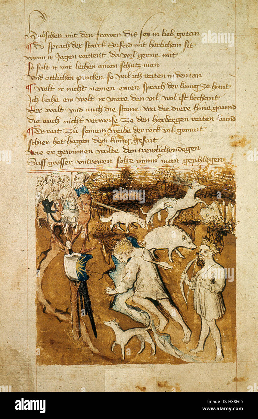 Siegfrieds Tod rechts neben Siegfried steht sein Moerder Hagen mit dem Unterhöfen Hundeshagenscher Kodex Banque D'Images