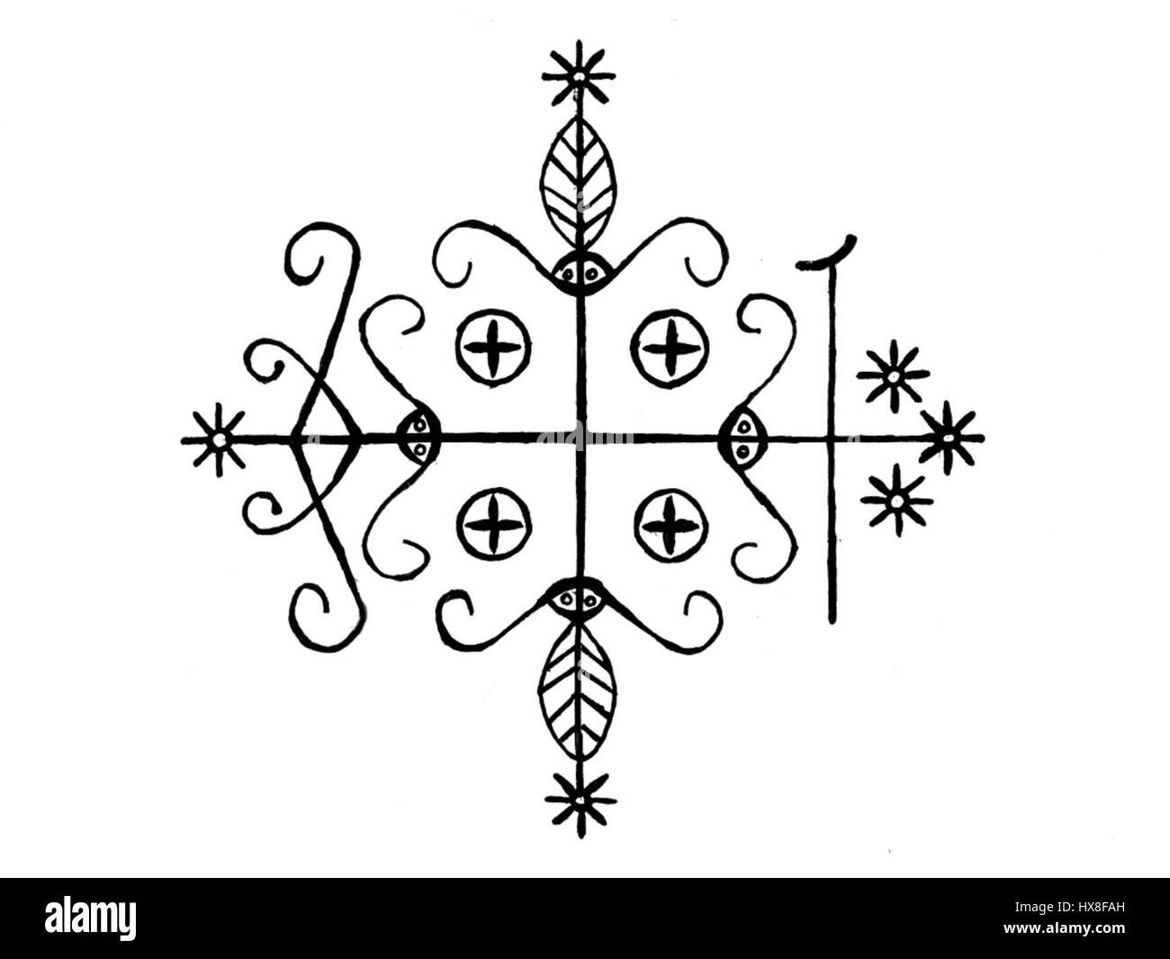Veve Legba est un symbole sacré dans Vodou, représentant l'esprit Legba, connu comme le gardien des portes et des carrefours. Souvent représenté dans l’art rituel, ce symbole est utilisé pour invoquer la présence et les bénédictions de Legba, au cœur des cérémonies vaudou. Banque D'Images