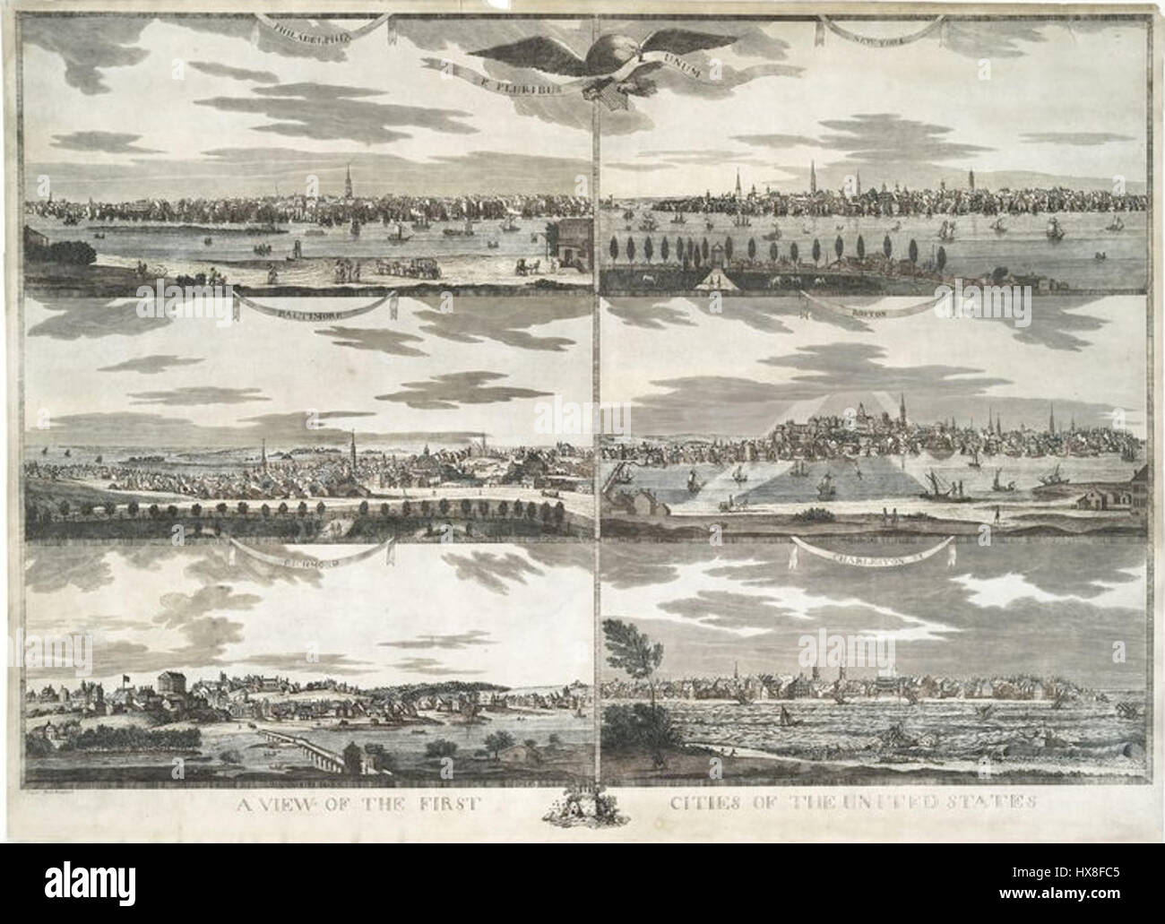 Cette estampe historique, « US Cities 1810s », de Boqueta de Woiseri, présente les premières représentations des villes américaines, reflétant le paysage urbain et le développement du début du XIXe siècle. Banque D'Images