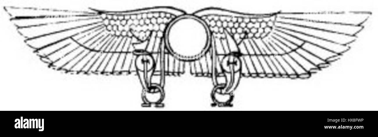 Le motif 'Winged Sun' est un symbole ancien, souvent vu dans l'art égyptien, représentant le Dieu du soleil Ra. Il est représenté comme un disque solaire flanqué d'ailes, symbolisant le pouvoir divin, la protection et la vie éternelle. Ce symbole était couramment utilisé dans les contextes royaux et religieux. Banque D'Images
