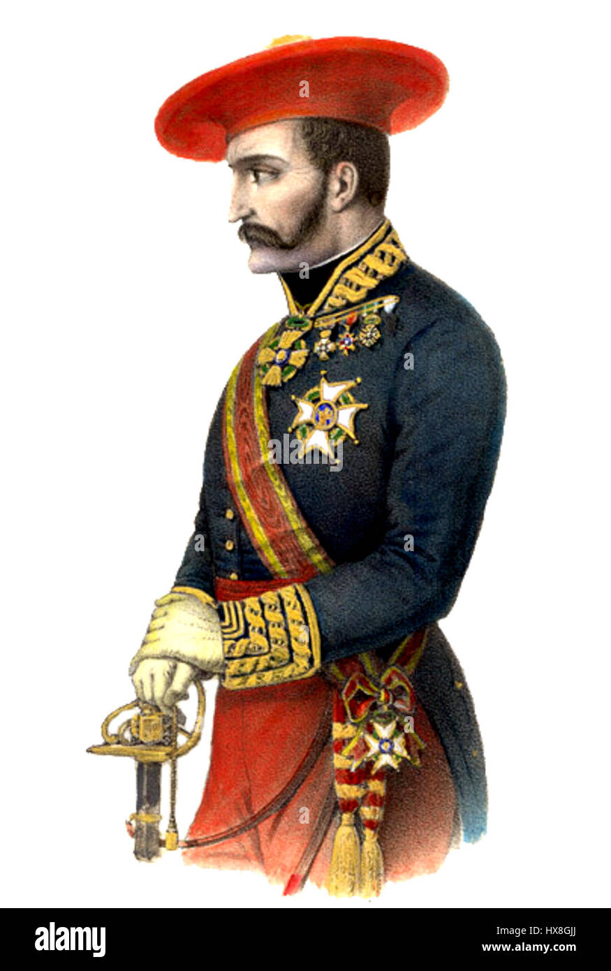Ce portrait représente Tomas de Zumalacarregui, un général basque réputé pour son rôle dans les guerres carlistes. La peinture capture la force et le leadership de la figure qui a combattu pour la cause carliste pendant le conflit espagnol du 19ème siècle. Banque D'Images