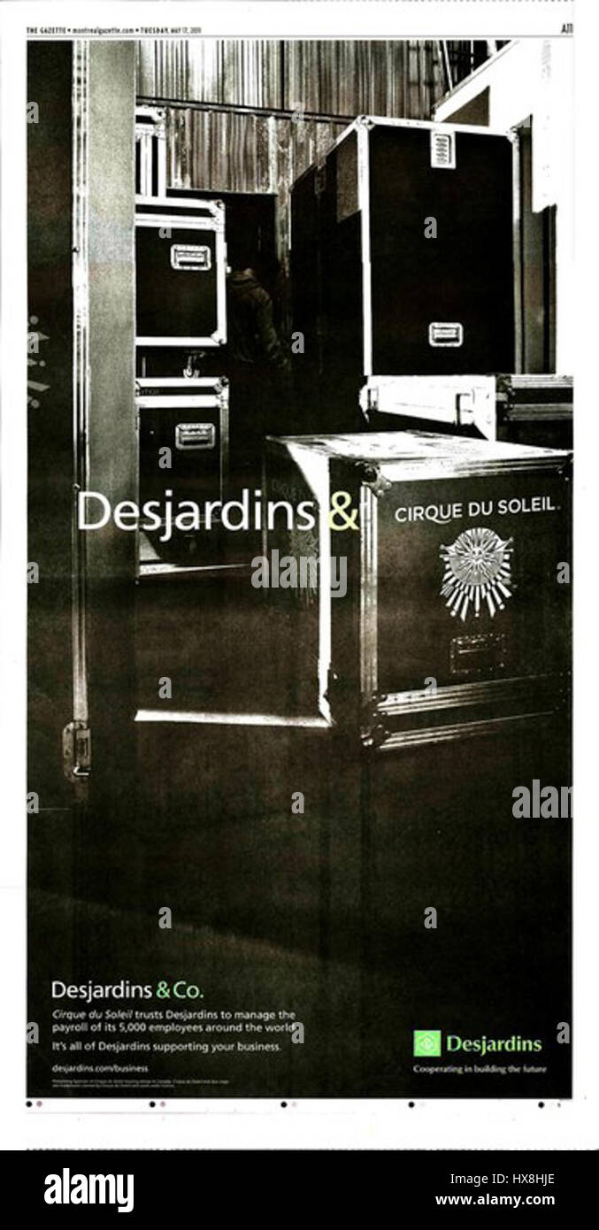 L'image présente les valises routières de marque Cirque du Soleil, essentielles pour le transport des accessoires et de l'équipement pendant les visites. Présentée dans une publicité de Desjardins dans la Gazette de Montréal, la publicité met en lumière les aspects pratiques et artistiques du cirque itinérant. Banque D'Images L'image présente les valises routières de marque Cirque du Soleil, essentielles pour le transport des accessoires et de l'équipement pendant les visites. Présentée dans une publicité de Desjardins dans la Gazette de Montréal, la publicité met en lumière les aspects pratiques et artistiques du cirque itinérant. Banque D'Images