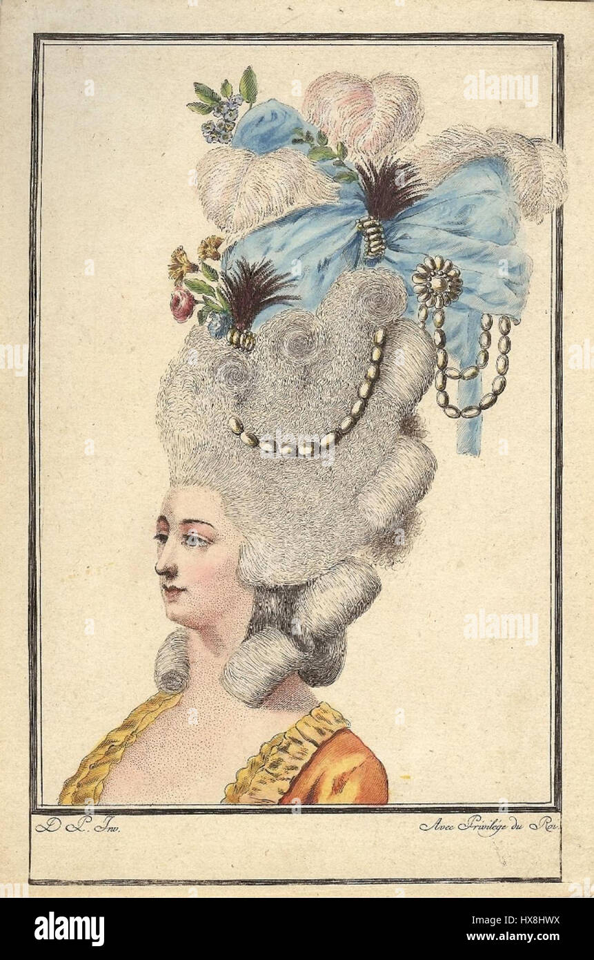 « Pouf aux sentiments » fait référence à un style de coiffure française extravagante populaire au XVIIIe siècle, souvent associé à la mode rococo. Il s'agissait de coiffures élaborées et hautes ornées d'ornements et d'accessoires extravagants. Banque D'Images