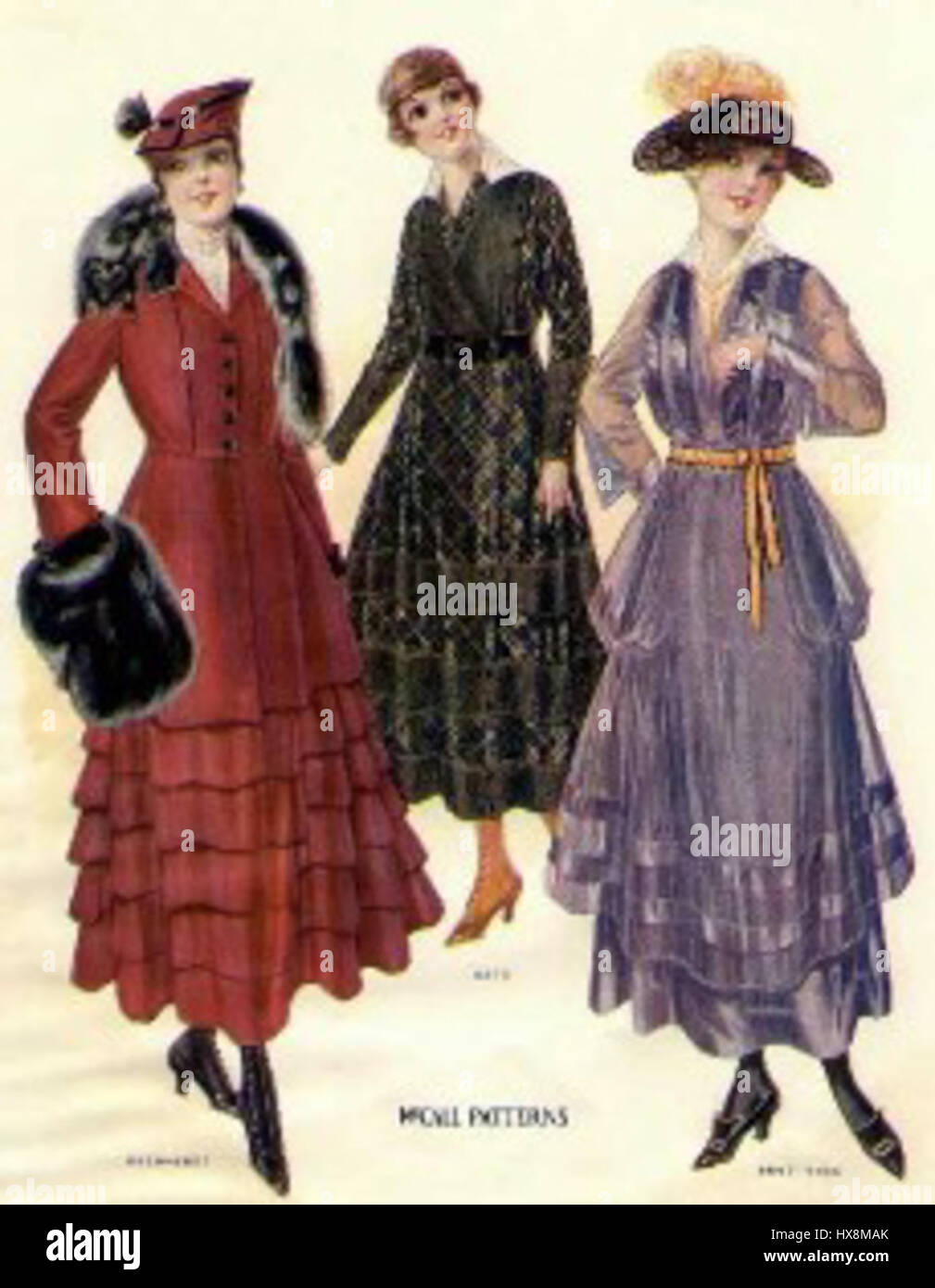 Cette impression de mode de McCall's Magazine, datant d'environ 1916, met en valeur les styles et les tendances de la mode du début du XXe siècle. L'imprimé met en valeur des robes élégantes et des accessoires qui reflètent le sentiment de sophistication et de style de l'époque. Banque D'Images