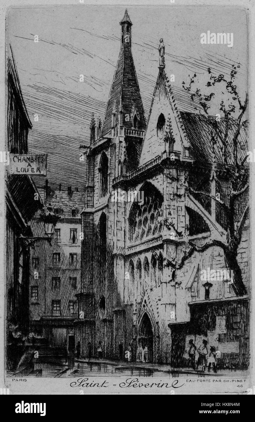 Cette image représente l'église Saint Séverin à Paris, un exemple notable de l'architecture gothique française. Il est un monument historique dans le quartier Latin de Paris, célèbre pour ses vitraux complexes et ses plafonds voûtés. Banque D'Images