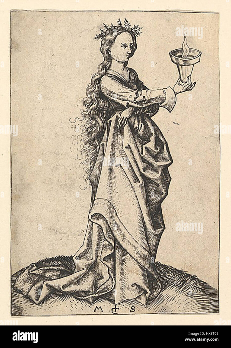 Die dritte Kluge Jungfrau (la troisième Vierge sage) de Martin Schongauer est une gravure sur bois représentant un thème biblique du moyen âge, mettant en évidence le récit de la Vierge Marie. L’œuvre utilise des détails fins typiques du style de Schongauer. Banque D'Images