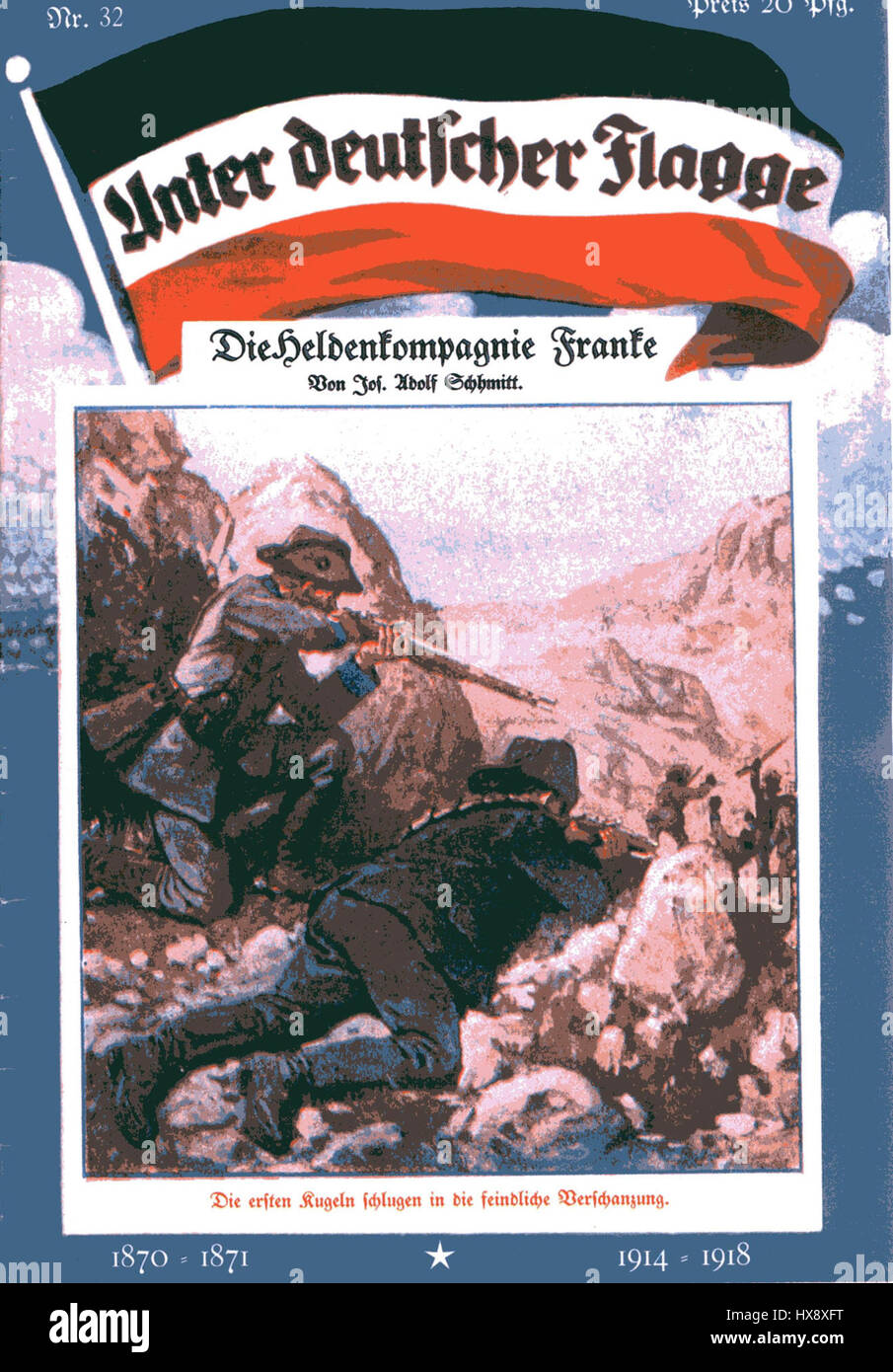 Cette image de couverture, tirée de la réimpression de 'Unter deutscher Flagge' (sous le drapeau allemand), Band 32, publiée vers 1912, présente 'Die Heldenkompanie' (The Hero Company) de Franke. La série donne un aperçu de l'histoire allemande et des thèmes militaires. Banque D'Images