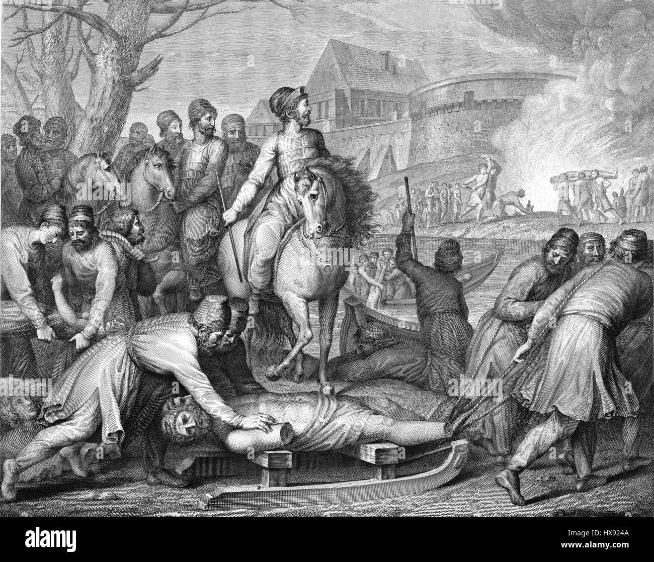 L'événement historique de Mieszko I écrasant des idoles païennes marque un moment important dans la christianisation de la Pologne. La peinture représente cette action charnière dans l'histoire polonaise, symbolisant la transition du paganisme au christianisme dans la région. Banque D'Images