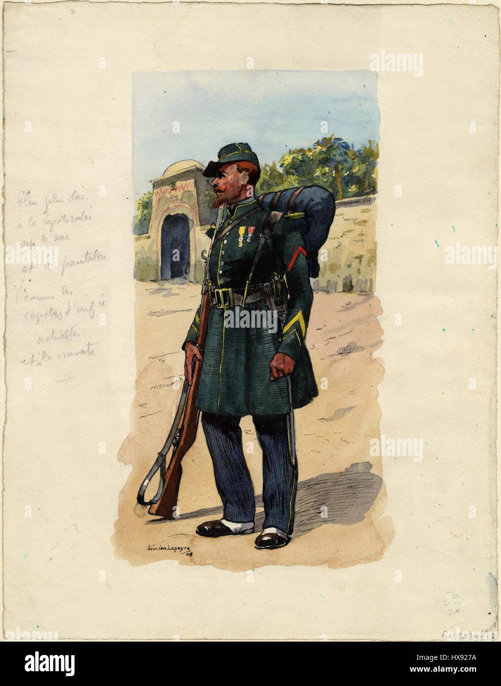 Portrait de Lucien Lapeyre, caporal de la Légion étrangère française, reflétant la vie et la discipline militaires au XXe siècle, soulignant le rôle de la Légion dans les conflits militaires historiques. Banque D'Images