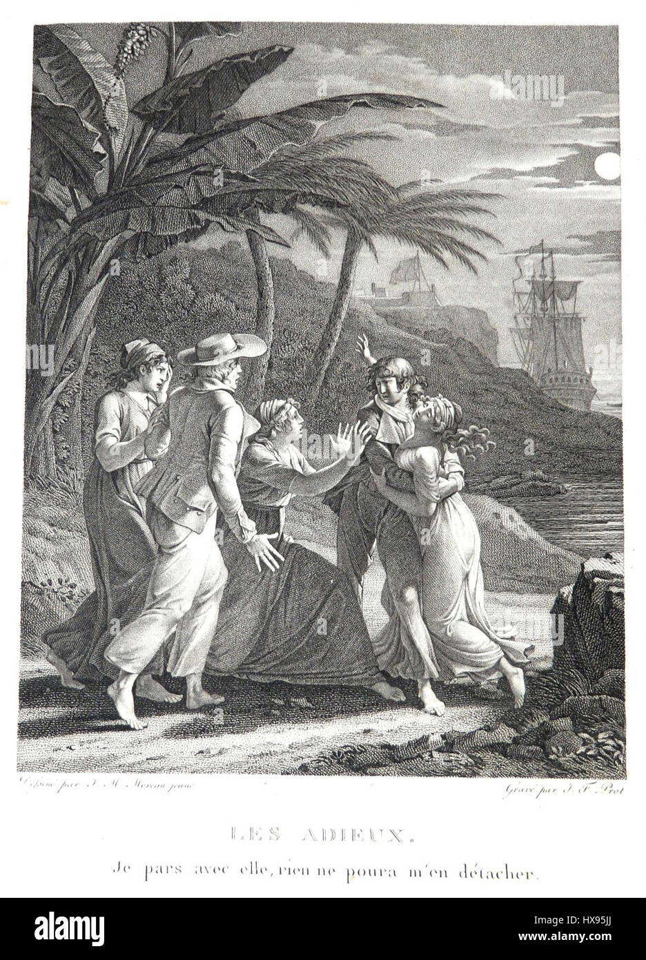 'Paul Virginie 1806 5 adieux' de Moreau est une pièce historique qui présente une scène d'adieu. La peinture capture l'intensité émotionnelle d'une séparation, en utilisant un pinceau fin et une composition classique pour transmettre le chagrin et la gravité du moment. Banque D'Images