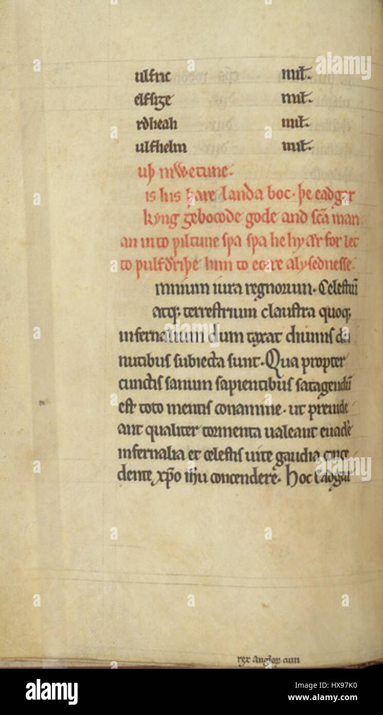 Le Wilton Cartulary, conservé à la British Library (BL Harley 436), est un important manuscrit médiéval. Folio 24v contient une copie d'une charte du roi Edgar, offrant un aperçu des pratiques juridiques et administratives anglo-saxonnes. Banque D'Images