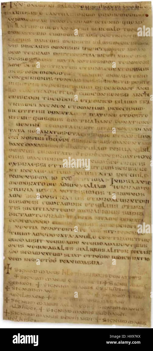 La Charte S 8 du roi Hlothhere de Kent, datant de 679 AD, est un document historique écrit en vieil anglais. Il détaille les transactions foncières et les accords juridiques conclus au début de la période anglo-saxonne de l'Angleterre. Banque D'Images