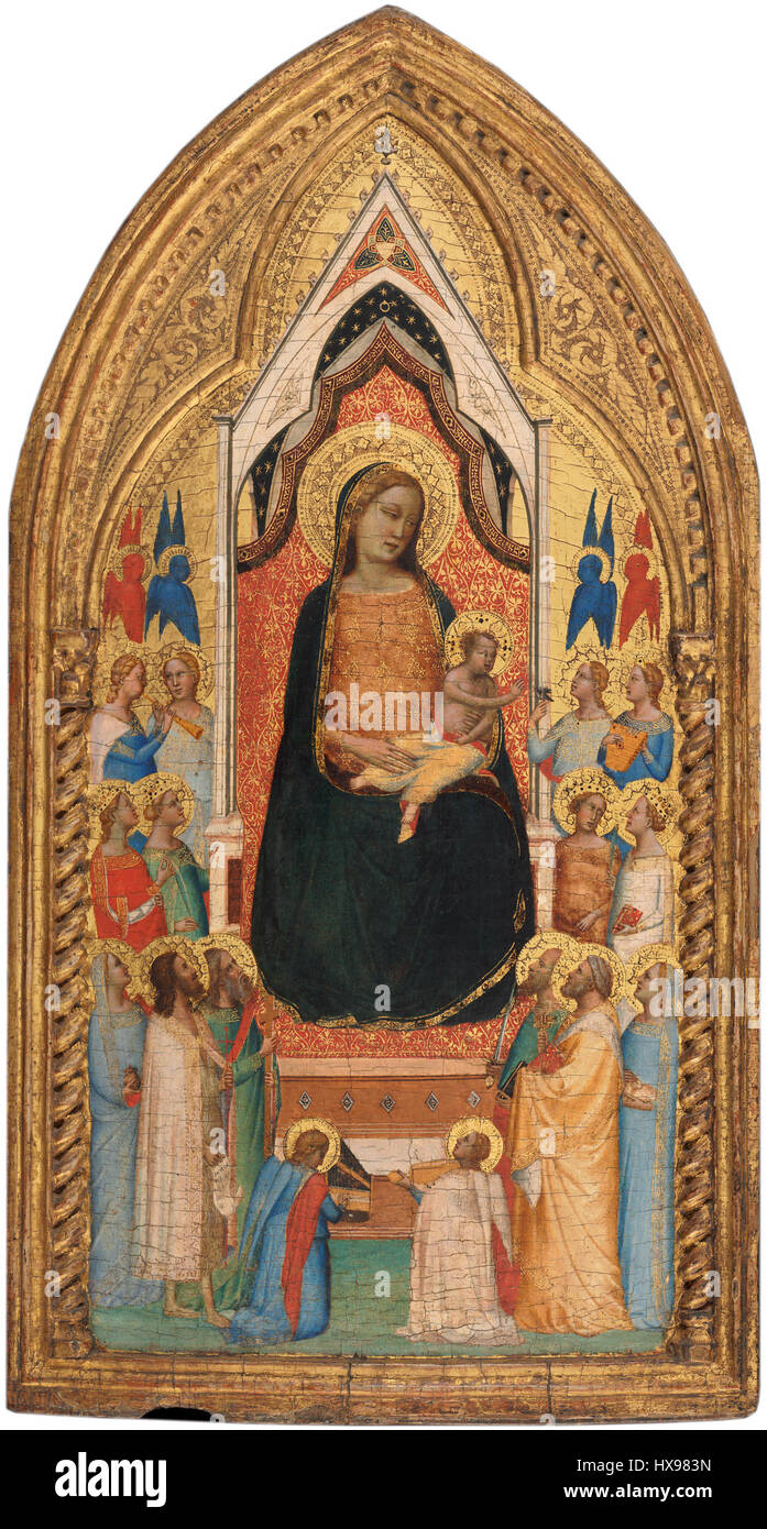 Cette peinture religieuse présente la Vierge et l'enfant entourés de saints et d'anges. L'œuvre d'art est caractérisée par son thème divin, des couleurs vibrantes et une représentation détaillée des figures saintes de la tradition chrétienne. Banque D'Images