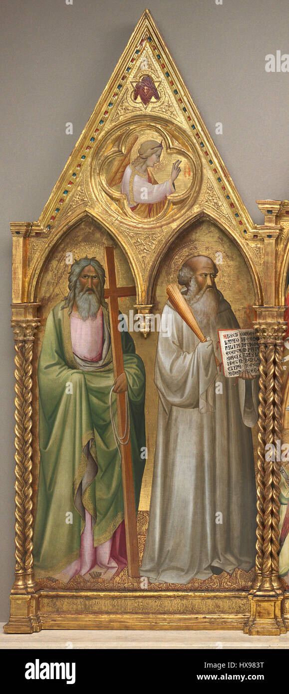 Ce panneau gauche d'un retable montre Saint André, Saint Benoît et l'Archange Gabriel, représentant des saints chrétiens et des figures célestes. La peinture représente leur signification spirituelle et leur rôle divin dans l'iconographie chrétienne. Banque D'Images