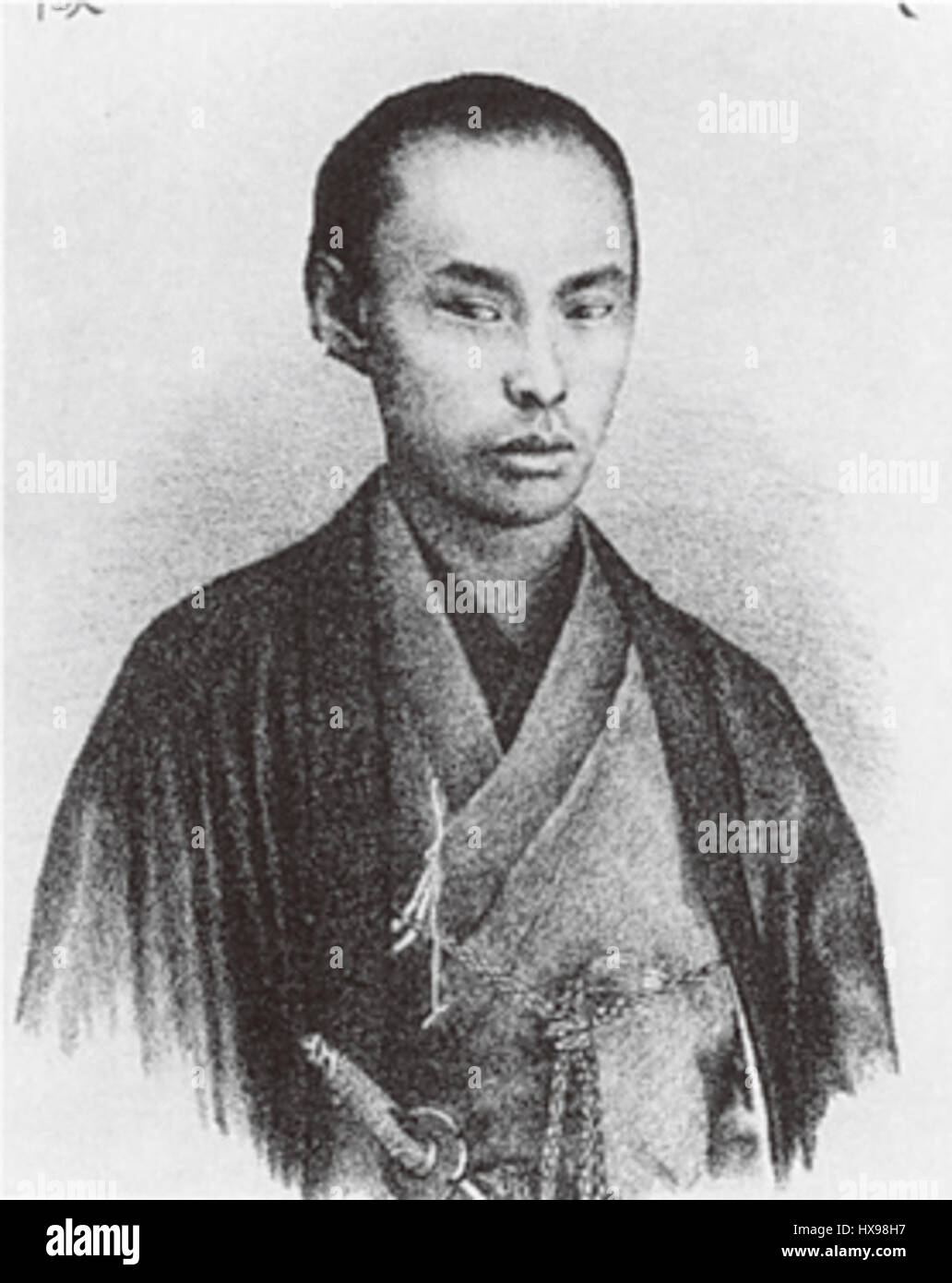 Matsudaira Takeakira était un seigneur féodal japonais pendant l'époque d'Edo. L'image le représente en tenue traditionnelle de samouraï, soulignant son rôle dans la structure politique et militaire du Japon féodal. Banque D'Images
