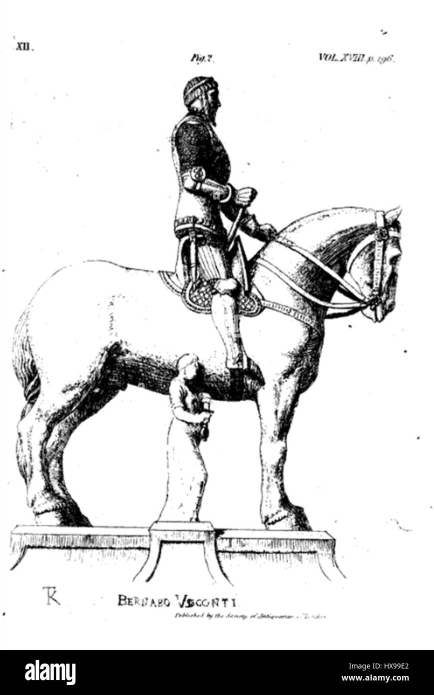 Le Monument à Bernabé Visconti est une sculpture historique commémorant la vie et les réalisations de Bernabé Visconti, figure importante de l'histoire italienne. Le monument symbolise ses contributions à la région et à la culture. Banque D'Images